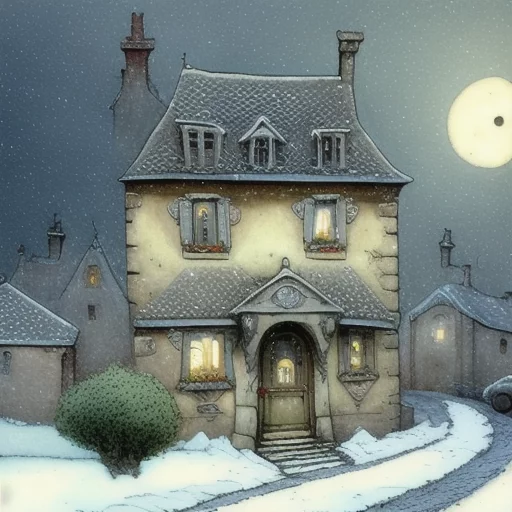 87214822-2 CV citroën, très vieille maison très basse, petite rue alsacienne, tempête de neige, dessin, tim burton, art by Anton Pieck, i.webp